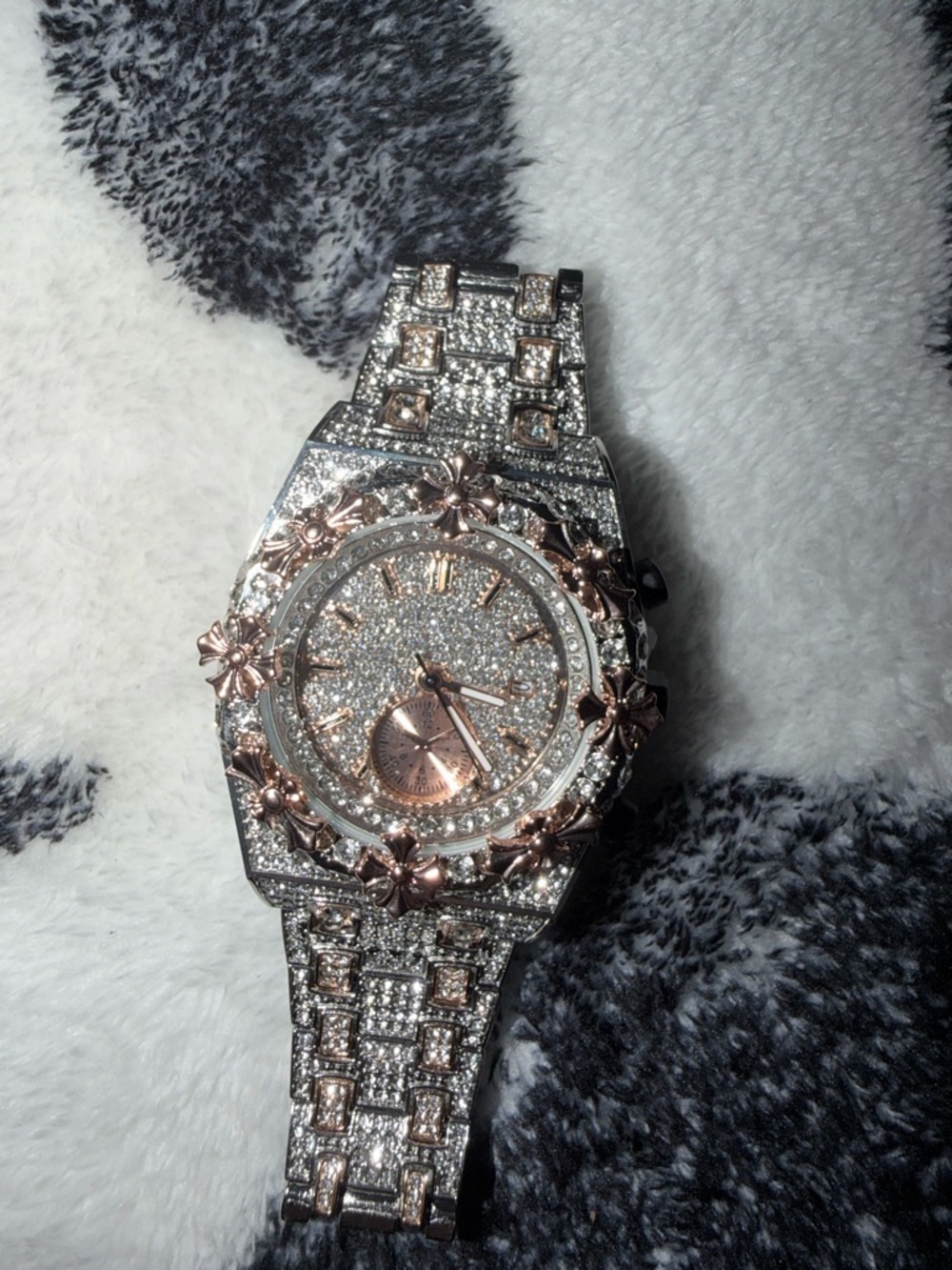 Iced out CZ Chrome Heart Inspired Silver AP Watch w/ Rose Gold Accents